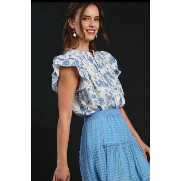 Umgee Full Size Two Tone Boxy Cut Floral Print Blue White Size Small - Picture 2 of 6